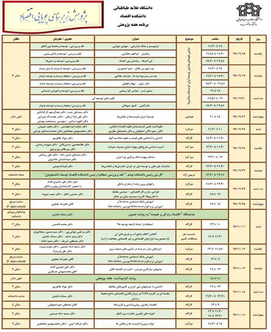 برنامه هفته پژوهش سال تحصیلی 98-97 دانشکده اقتصاد